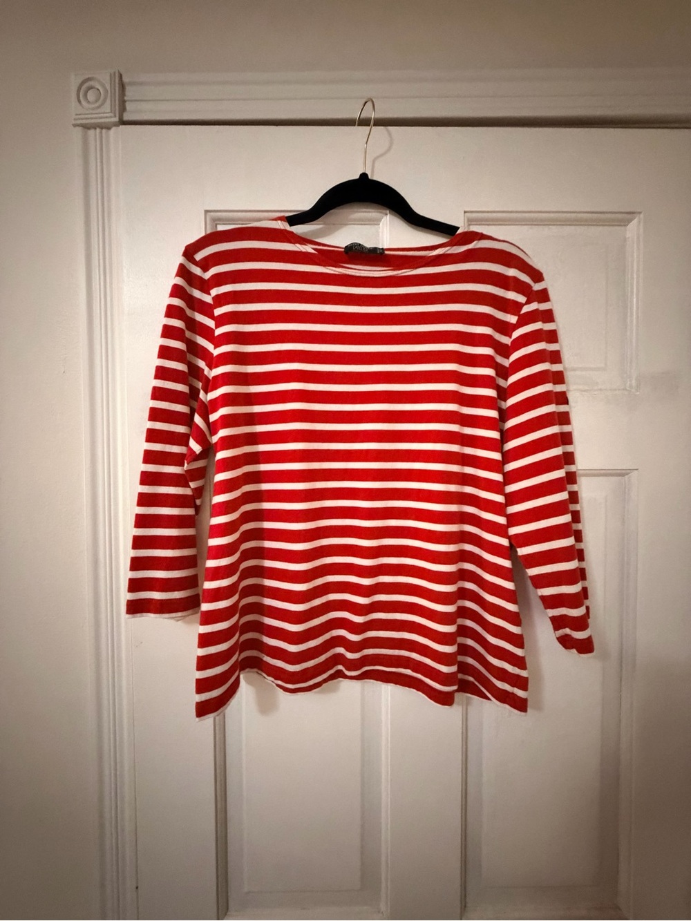 Saint James Red Striped Women’s Crew Neck T-Shirt with 3/4 Sleeves